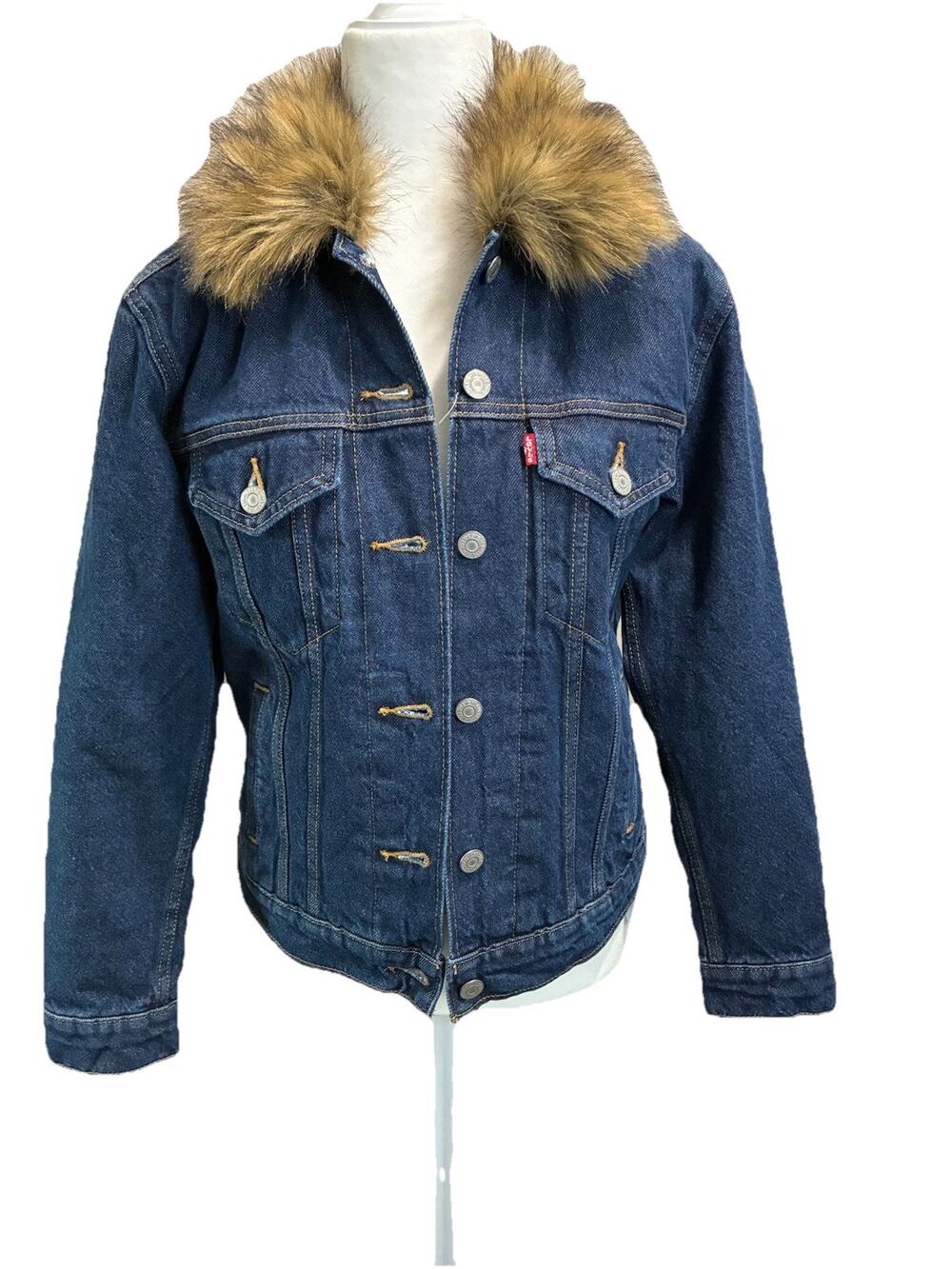 Levi’s Ex-boyfriend Trucker Denim Jacket Faux Fur Collar Quilted Dark Blue Sz XS